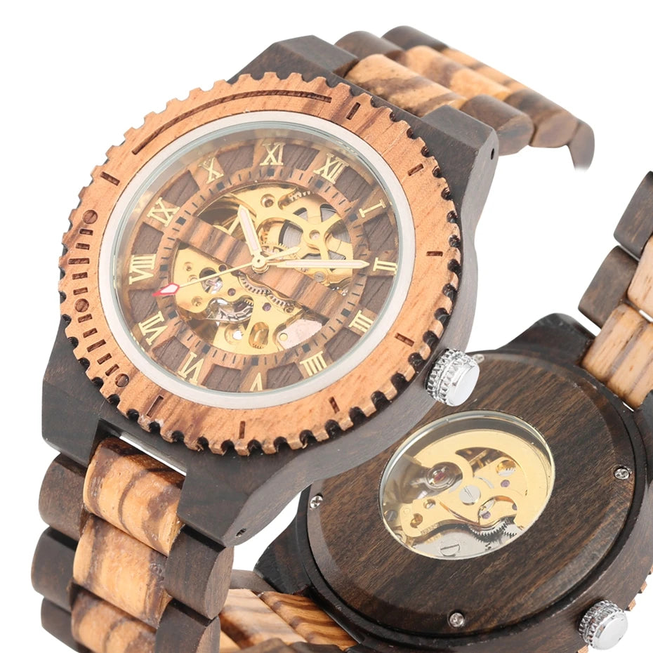 Luxury men's watches, automatic round watch, fashionable wooden clock, adjustable wooden strap, mechanical wristwatch