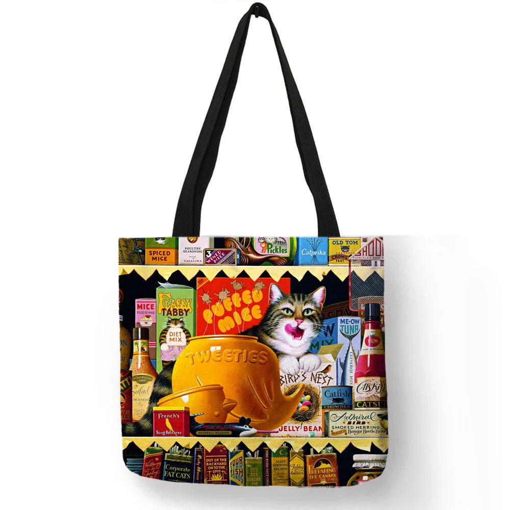 Sac à main en lin réutilisable pour femme, fourre-tout à bandoulière avec imprimé chat, 2019