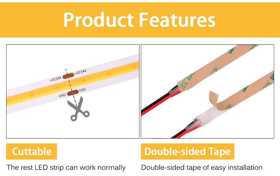 UL 320 Listed COB LED Strip Light, 480 LEDs/m, 16.4 feet of high-density flexible tape, 3000-6500K, RA90, Dimmable LED Lights, DC12V 24V