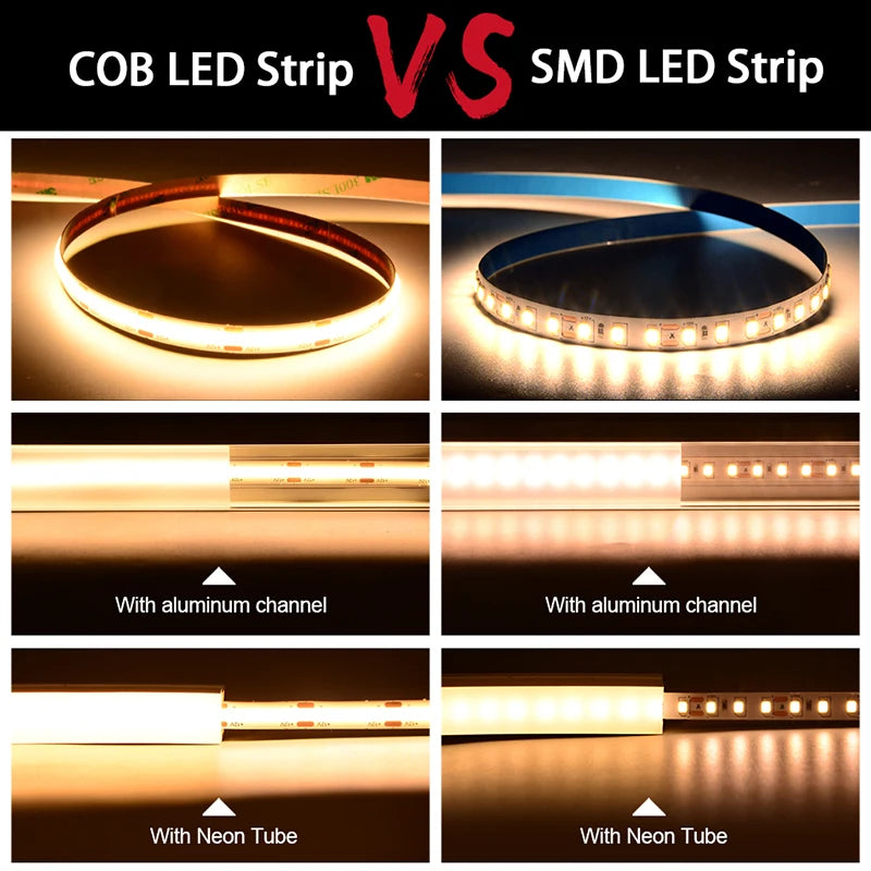 UL 320 Listed COB LED Strip Light, 480 LEDs/m, 16.4 feet of high-density flexible tape, 3000-6500K, RA90, Dimmable LED Lights, DC12V 24V