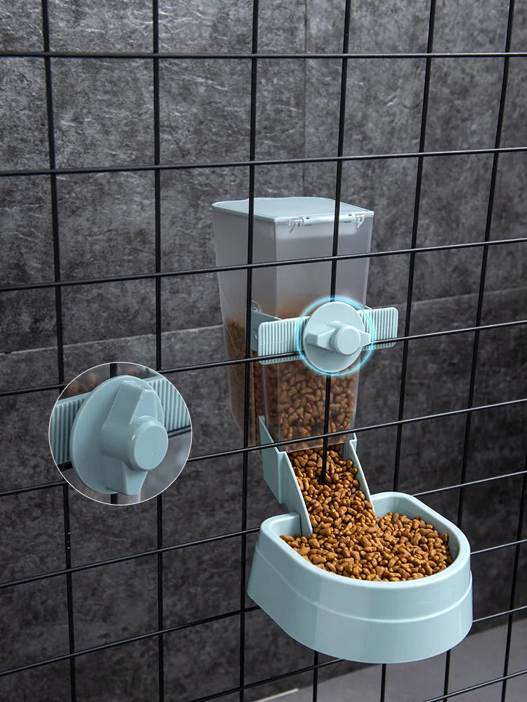 Automatic pet feeder, hanging cage, bowl, water bottle, food container, dispenser for puppies, cats, rabbits, birds, pet food product
