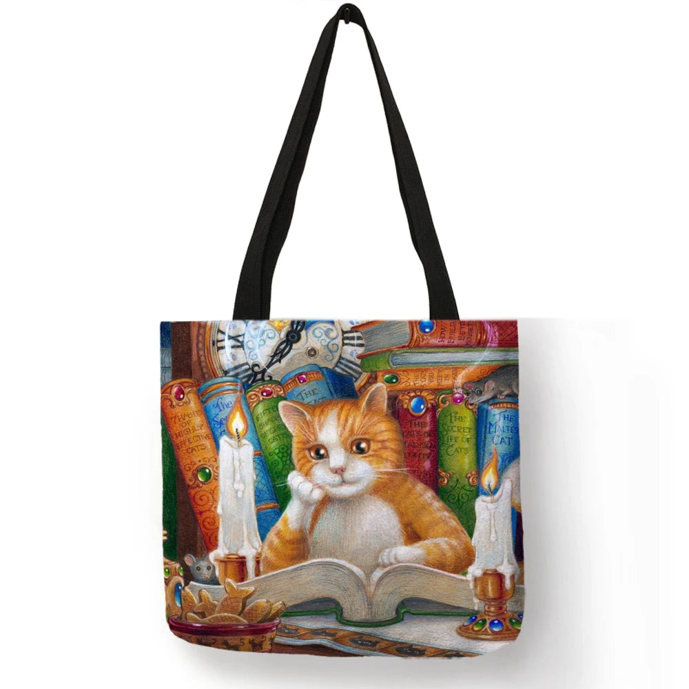 Sac à main en lin réutilisable pour femme, fourre-tout à bandoulière avec imprimé chat, 2019