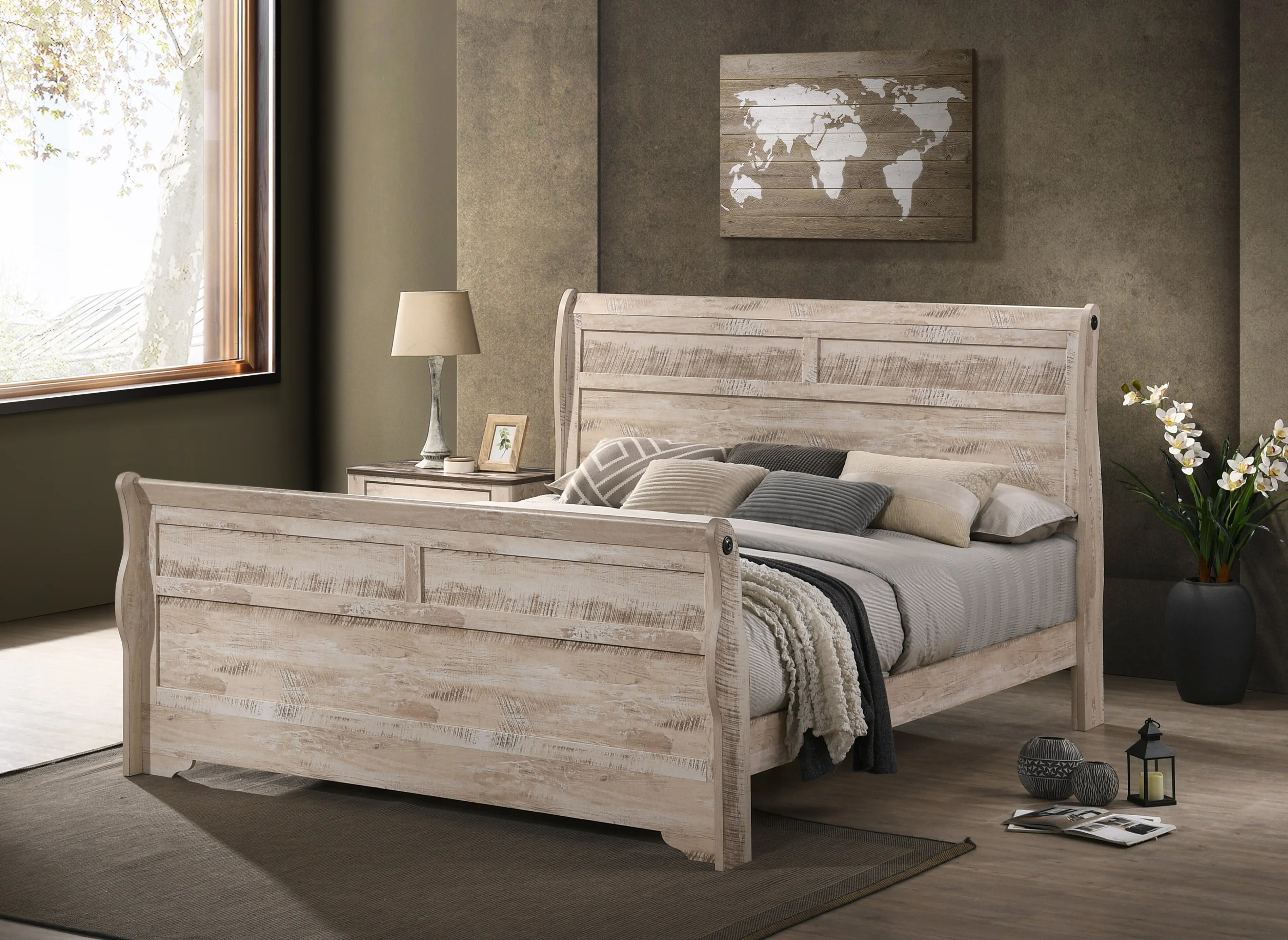 Imerland Contemporary White Wash Finish Bedroom Set With King Sleigh Bed Dresser Mirror and Two Nightstands