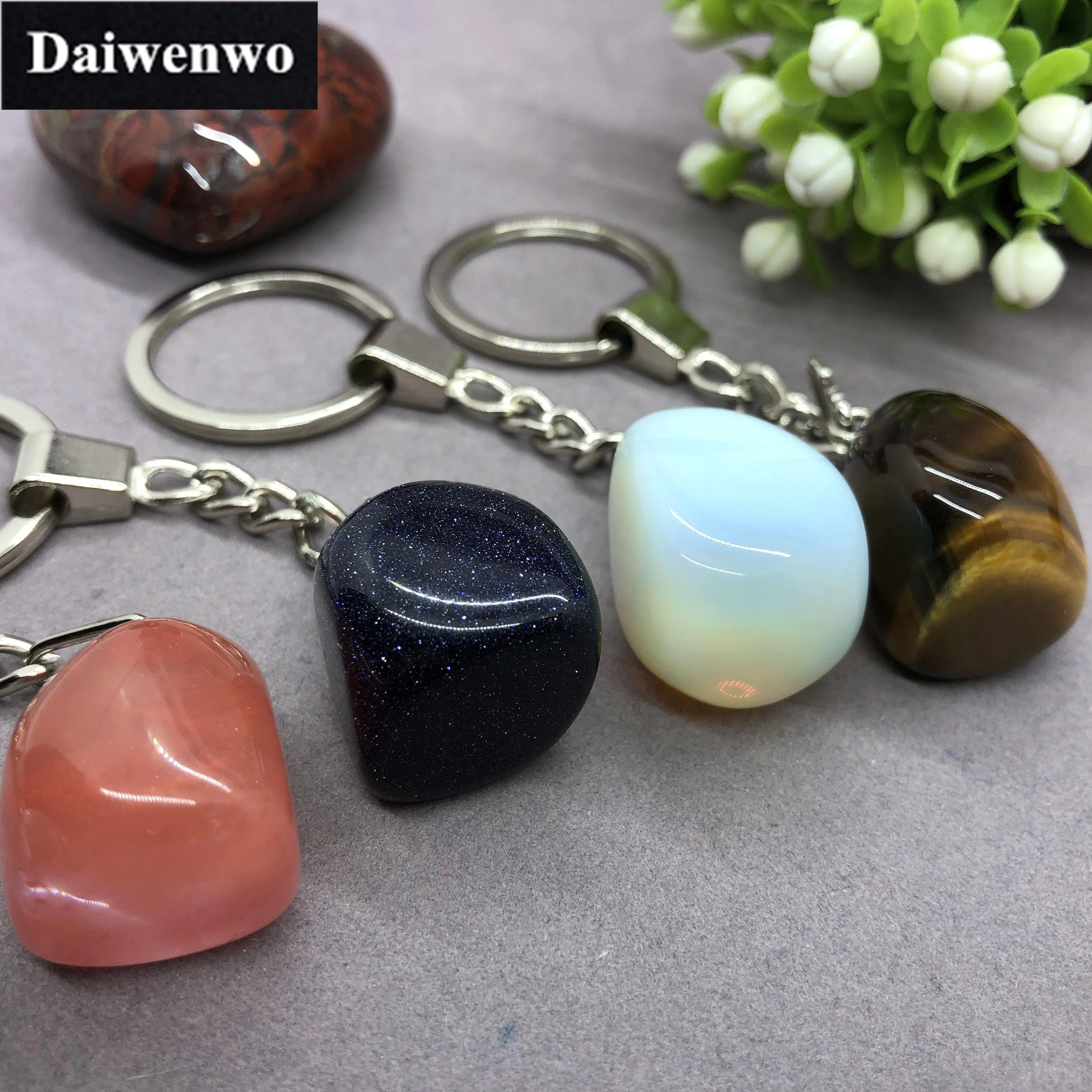 17 Types de pierre naturelle avec accessoires pendentif porte-clés en acier inoxydable