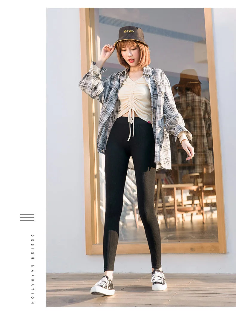 Women's Ribbed Leggings 2025 High Waist Autumn Winter Warm Cotton Leggings Casual Fashion Mesh 2XL Black Pants Sexy Leggings