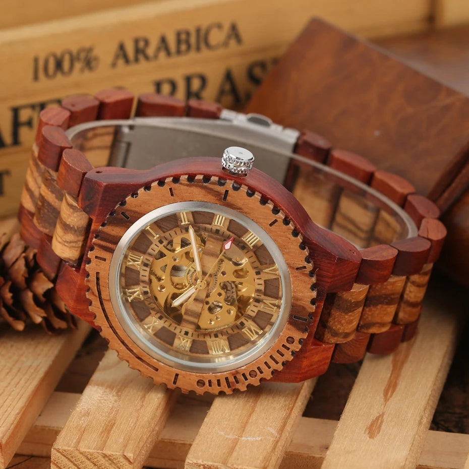 Luxury men's watches, automatic round watch, fashionable wooden clock, adjustable wooden strap, mechanical wristwatch