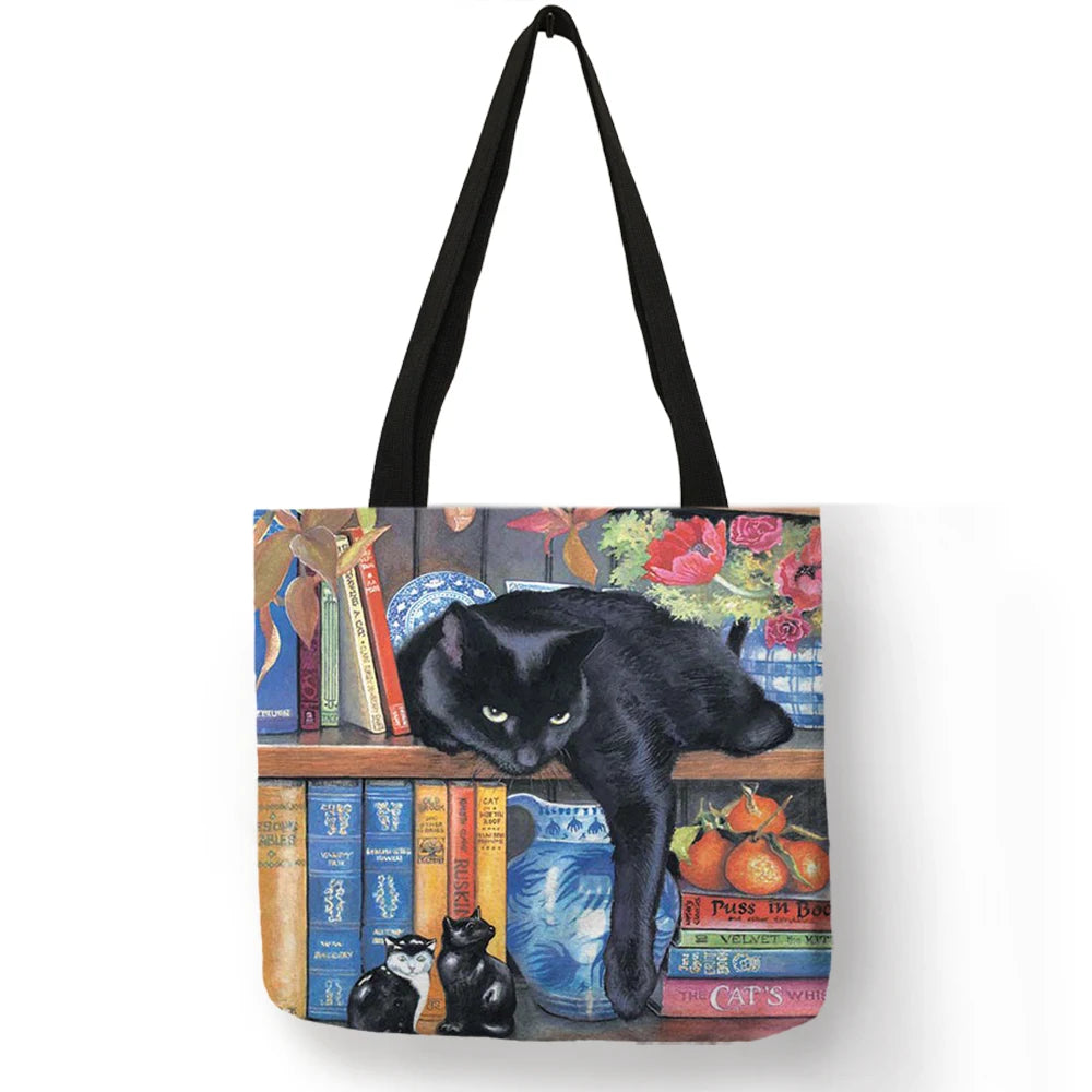 Sac à main en lin réutilisable pour femme, fourre-tout à bandoulière avec imprimé chat, 2019