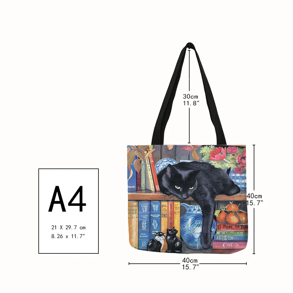 Sac à main en lin réutilisable pour femme, fourre-tout à bandoulière avec imprimé chat, 2019