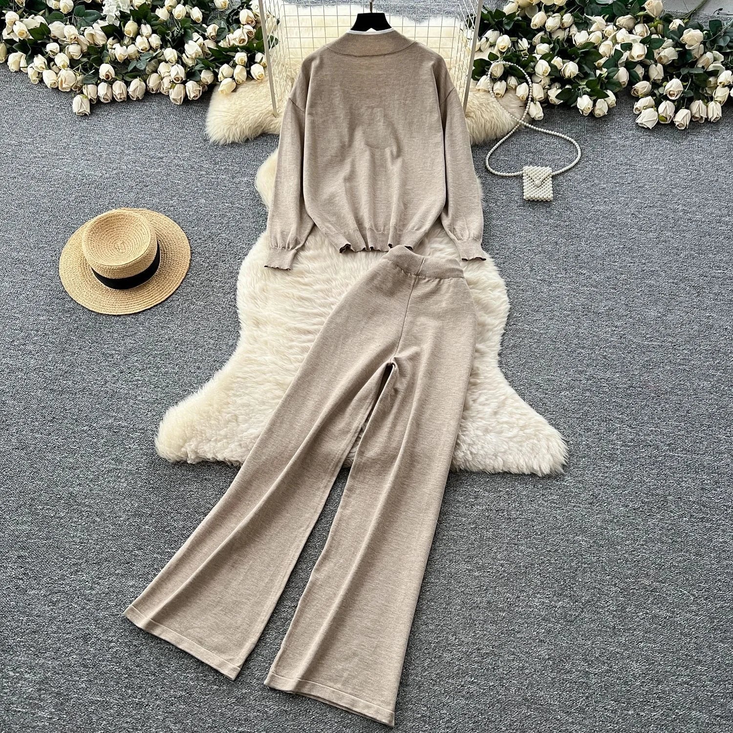 Fashionable Casual Two-piece Knitted Top for Women in Autumn Two-piece Set High Waist Casual Pants