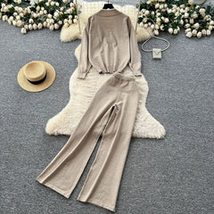Fashionable Casual Two-piece Knitted Top for Women in Autumn Two-piece Set High Waist Casual Pants