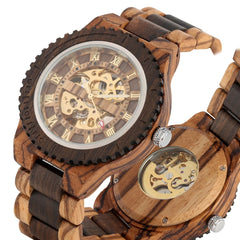 Luxury men's watches, automatic round watch, fashionable wooden clock, adjustable wooden strap, mechanical wristwatch