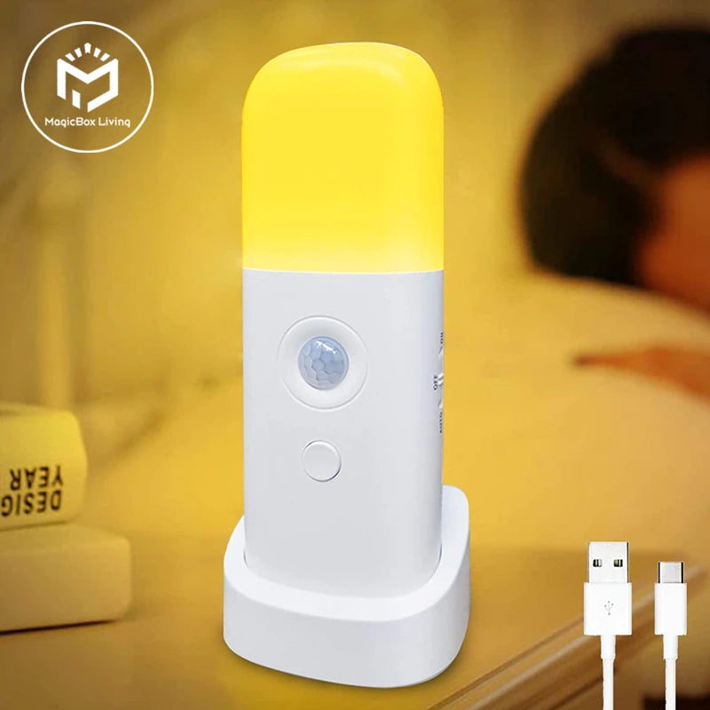 Veilleuse d'intérieur avec détecteur de mouvement, lumière LED à intensité variable rechargeable par USB, lampe de nuit portable activée par le mouvement pour chambre d'enfant