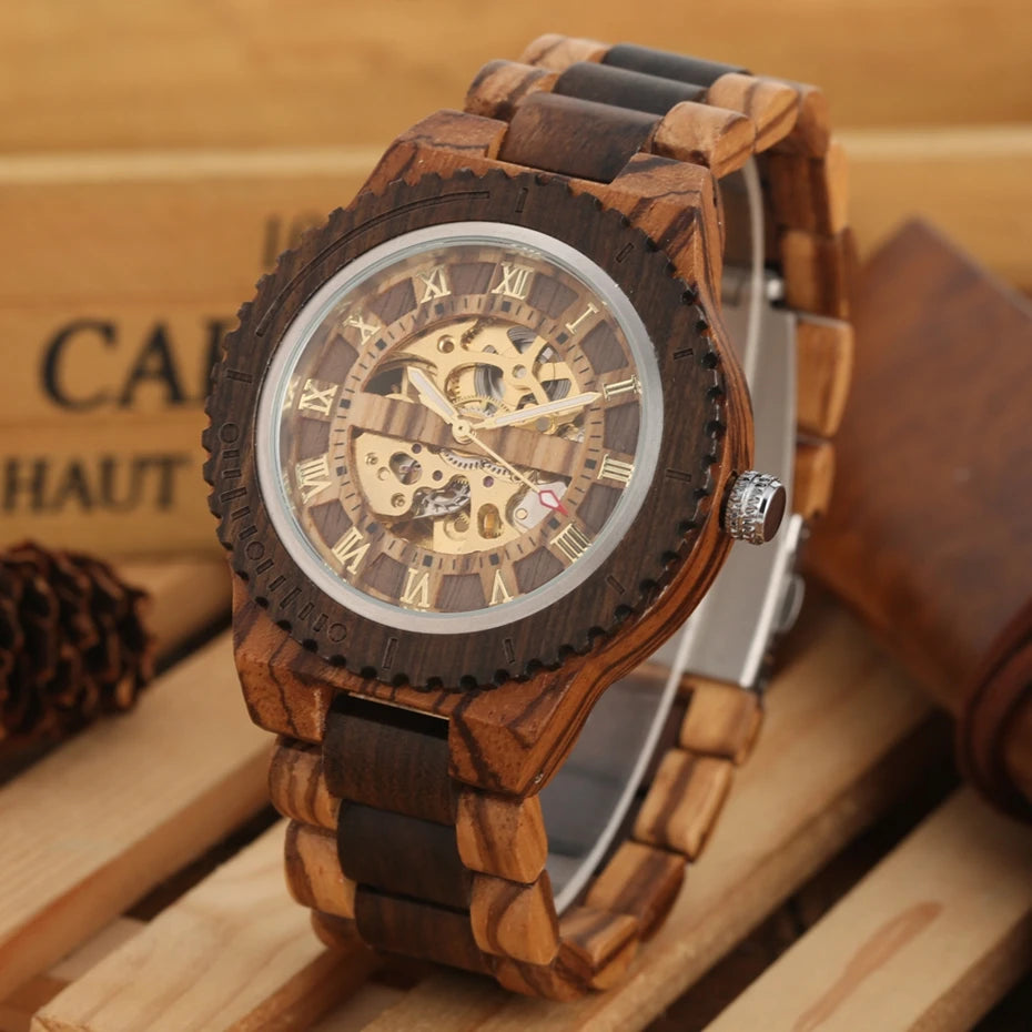 Luxury men's watches, automatic round watch, fashionable wooden clock, adjustable wooden strap, mechanical wristwatch