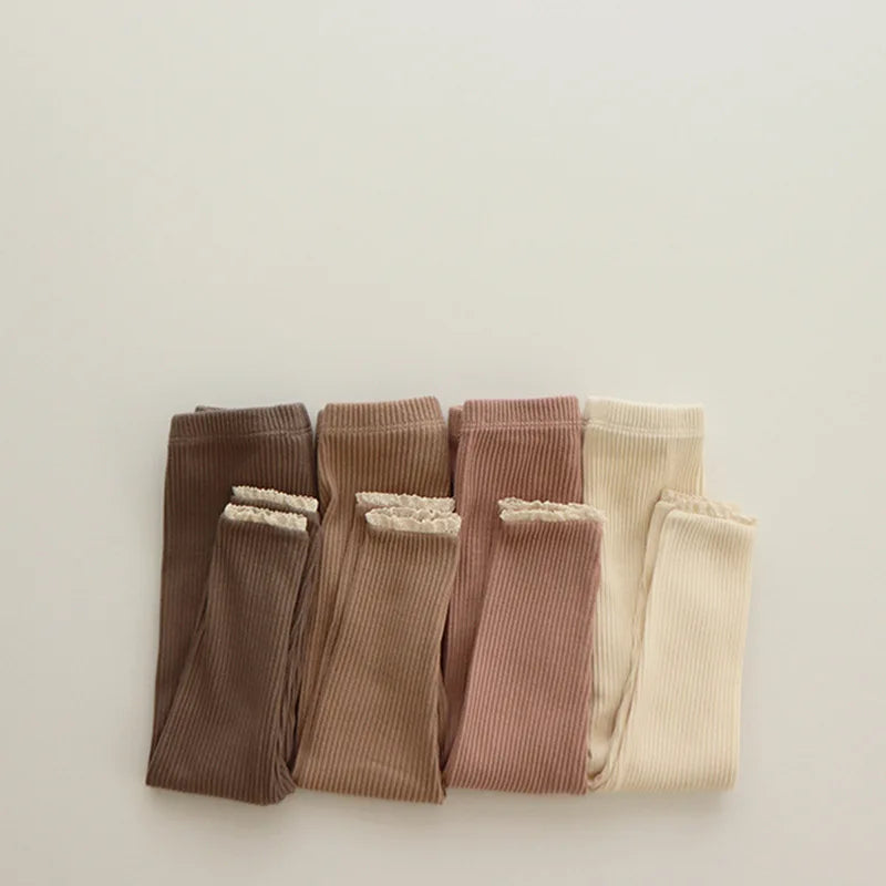 Leggings pour nouveau-né fille, vêtements pour nourrissons, en coton côtelé, solides, en dentelle, bouche de pied, pantalons slim, vêtements pour bébé