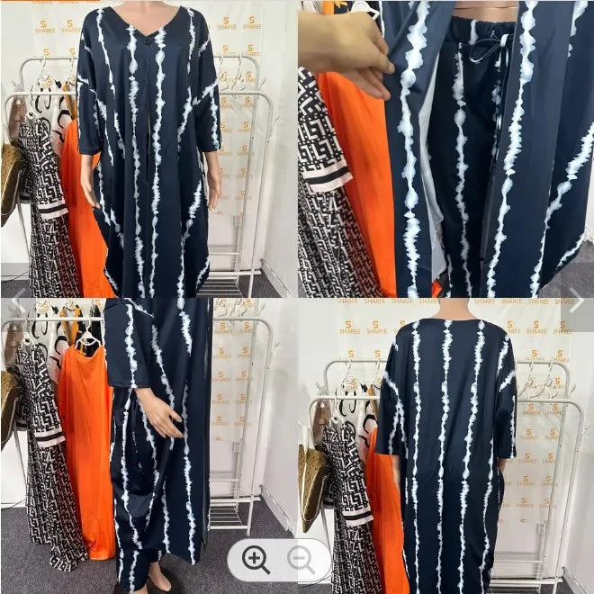 BYJ261 Latest Design Outfits for Women Three Quarter Sleeve V-neck Button Print Top & Loose Pants Sets for Women Two Piece Set