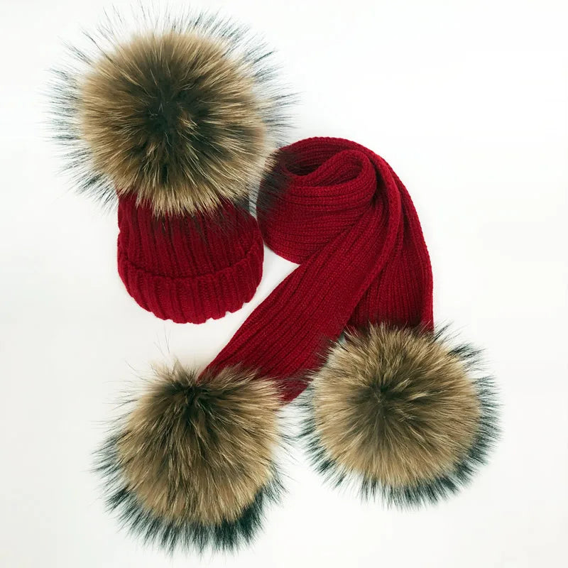 Parent-enfant chapeaux d'hiver mignon bébé fourrure Pompon chapeau écharpe ensembles réel naturel fourrure boule casquettes mère enfants chaud tricoté chapeaux hiver Bea