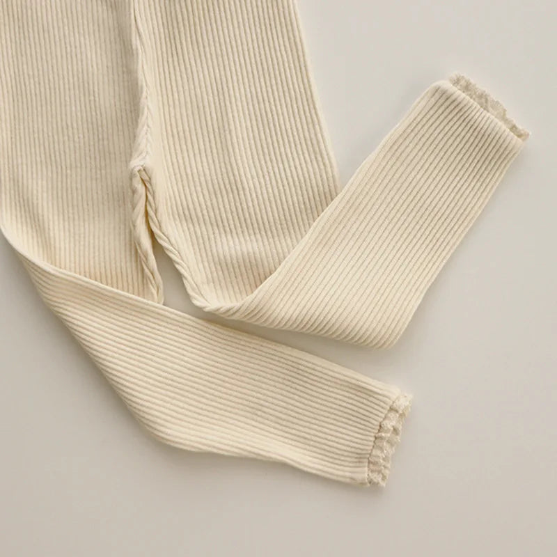 Leggings pour nouveau-né fille, vêtements pour nourrissons, en coton côtelé, solides, en dentelle, bouche de pied, pantalons slim, vêtements pour bébé