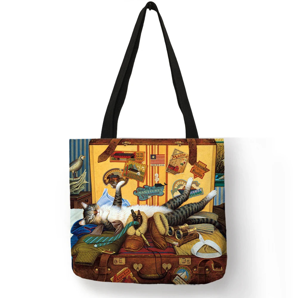 Sac à main en lin réutilisable pour femme, fourre-tout à bandoulière avec imprimé chat, 2019