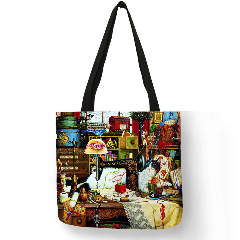 Sac à main en lin réutilisable pour femme, fourre-tout à bandoulière avec imprimé chat, 2019
