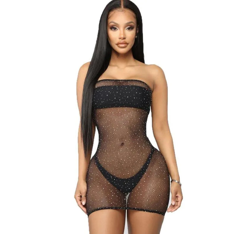 Fantaisie sexy plus Net Halterneck Mini robe dentelle lingerie tenue sans entrejambe érotique nuit sous-vêtements pour femmes maille serré appel