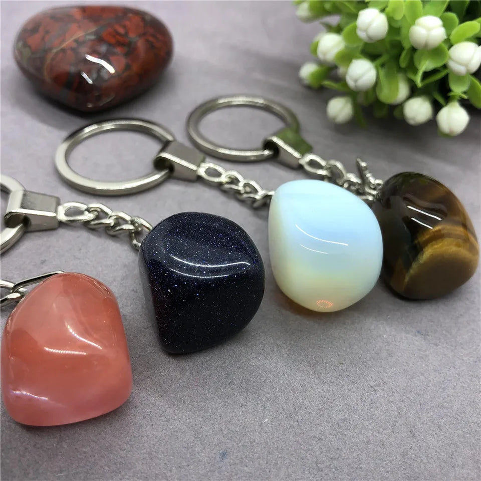 17 Types de pierre naturelle avec accessoires pendentif porte-clés en acier inoxydable