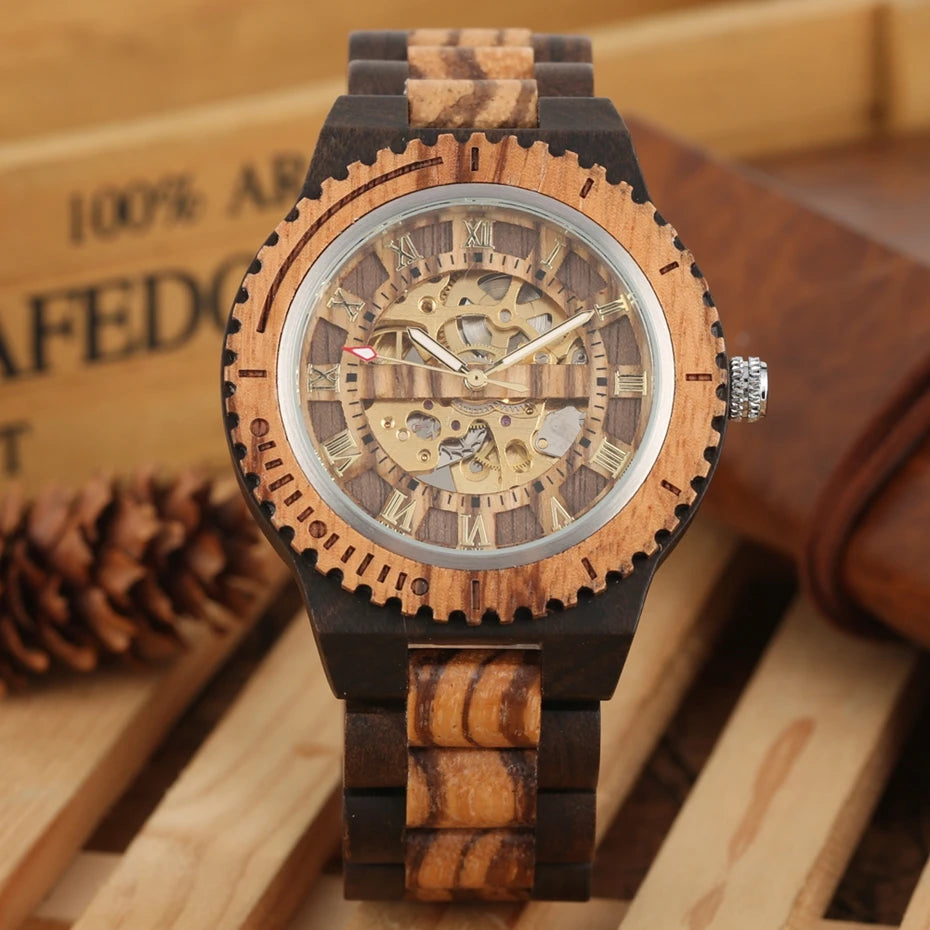 Luxury men's watches, automatic round watch, fashionable wooden clock, adjustable wooden strap, mechanical wristwatch