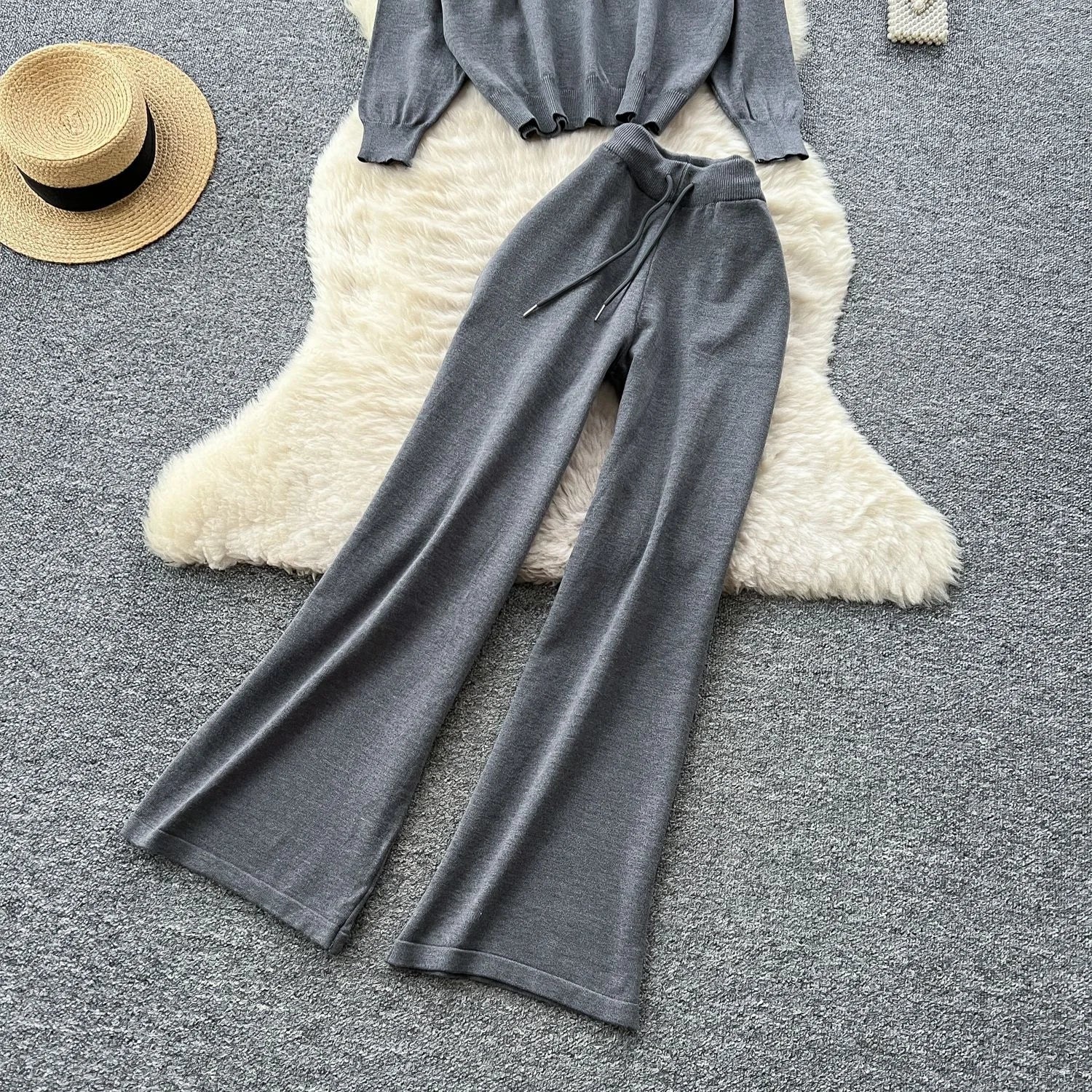 Fashionable Casual Two-piece Knitted Top for Women in Autumn Two-piece Set High Waist Casual Pants