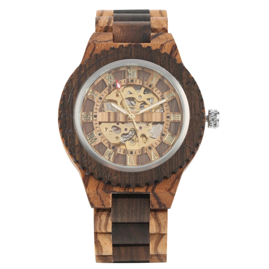 Luxury men's watches, automatic round watch, fashionable wooden clock, adjustable wooden strap, mechanical wristwatch