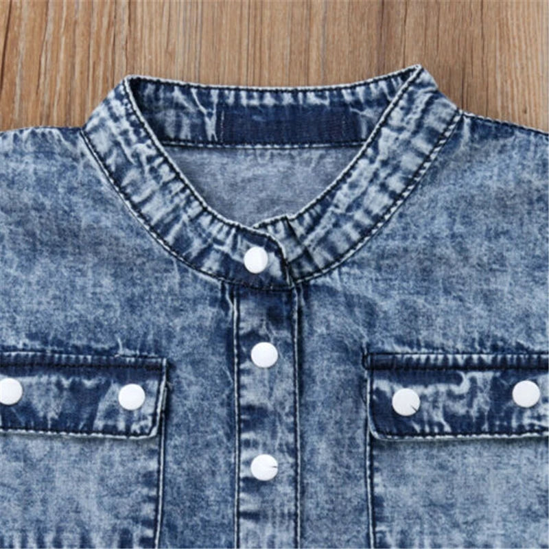 Vêtements d'été en denim pour bébés filles, col en v, sans manches, poches à boutons, barboteuse pour nouveau-né, combinaison longue, salopette une pièce