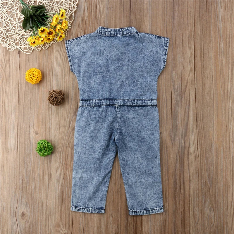 Vêtements d'été en denim pour bébés filles, col en v, sans manches, poches à boutons, barboteuse pour nouveau-né, combinaison longue, salopette une pièce