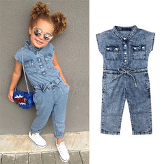 Vêtements d'été en denim pour bébés filles, col en v, sans manches, poches à boutons, barboteuse pour nouveau-né, combinaison longue, salopette une pièce