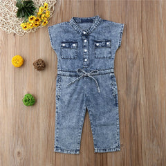 Vêtements d'été en denim pour bébés filles, col en v, sans manches, poches à boutons, barboteuse pour nouveau-né, combinaison longue, salopette une pièce