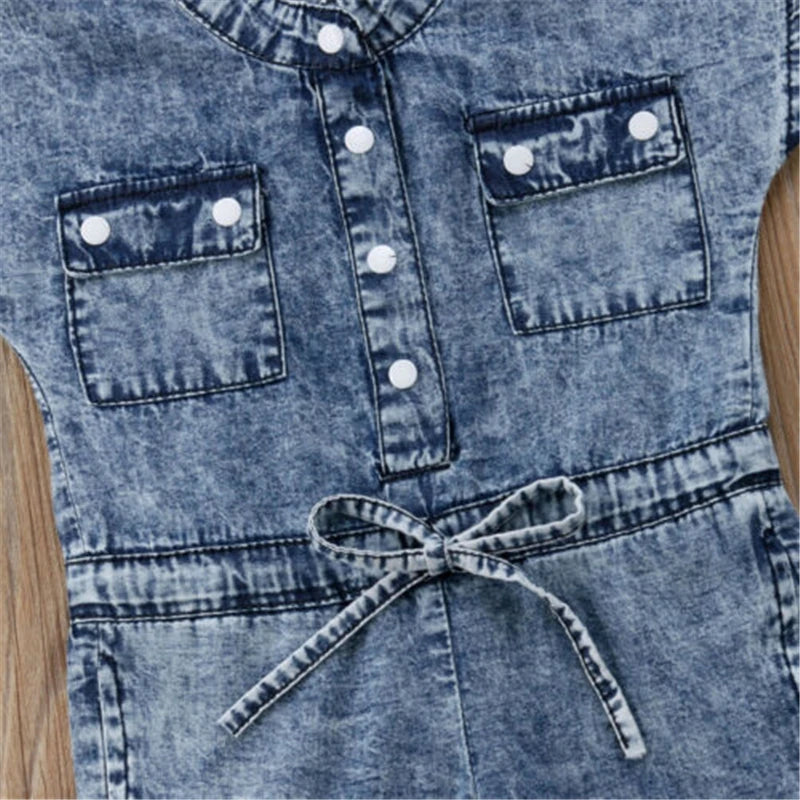 Vêtements d'été en denim pour bébés filles, col en v, sans manches, poches à boutons, barboteuse pour nouveau-né, combinaison longue, salopette une pièce