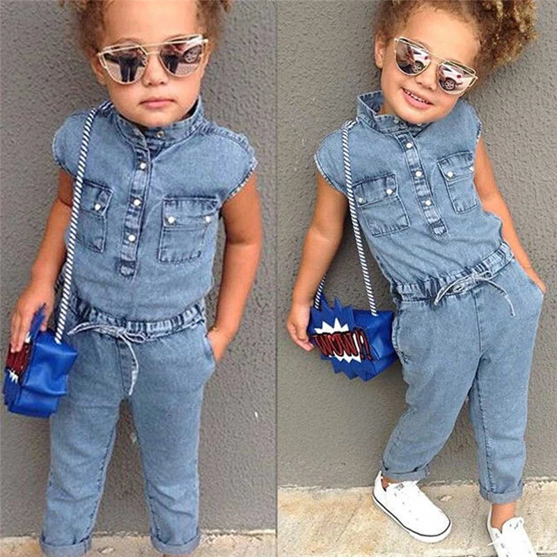 Vêtements d'été en denim pour bébés filles, col en v, sans manches, poches à boutons, barboteuse pour nouveau-né, combinaison longue, salopette une pièce
