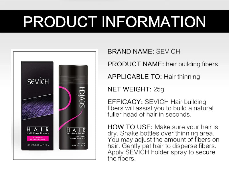 Sevich 25g fibres de renforcement des cheveux poudre produits de perte de cheveux extension chauve épaissir pot de pulvérisation de cheveux kératine