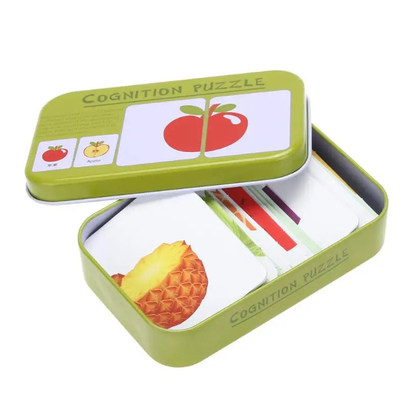 Bébé enfants Cognition Puzzles jouets enfant en bas âge boîte de fer cartes correspondant jeu cartes cognitives véhicule fruits animaux vie ensembles paire Puzzles