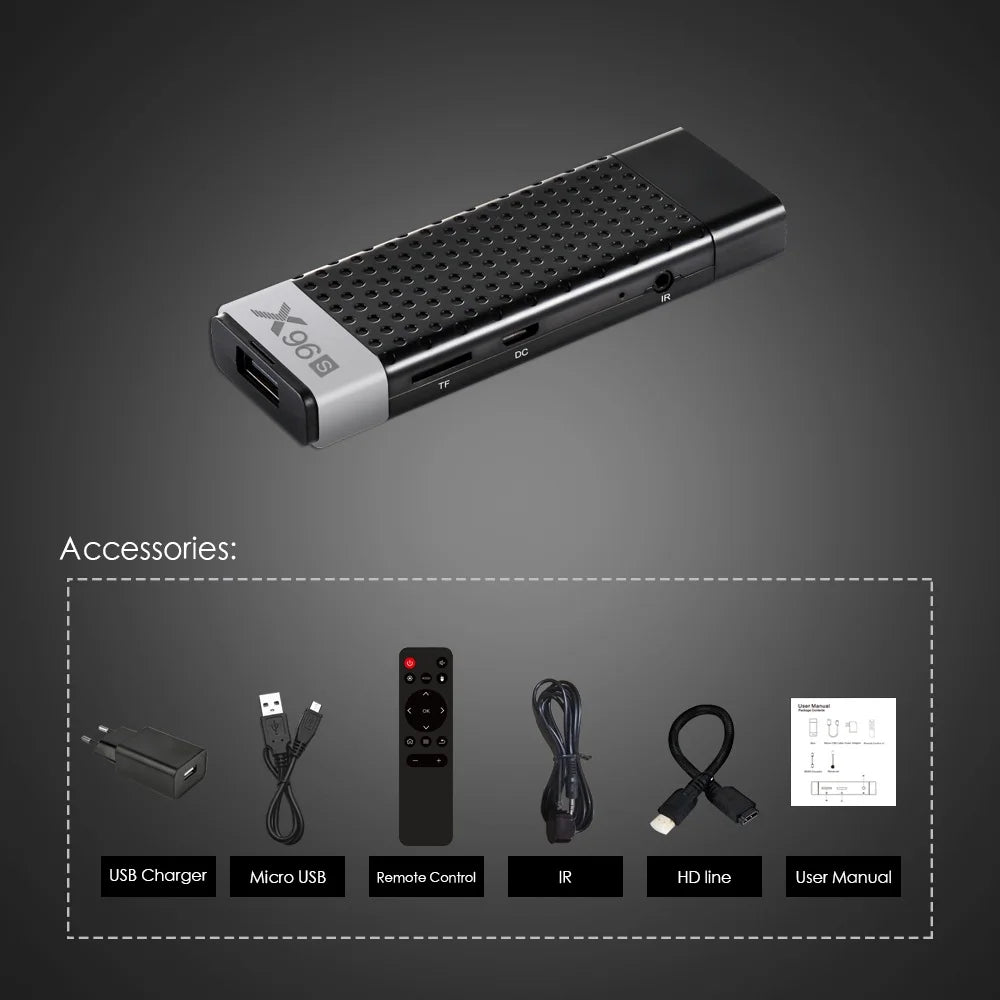 Clé TV X96S 4K, Android 9.0, Amlogic S905Y2 Quad Core, 4 go/32 go, Wifi 2.4/5GHz, bt 4.2, 1080P, H.265, Miracast, Dongle TV