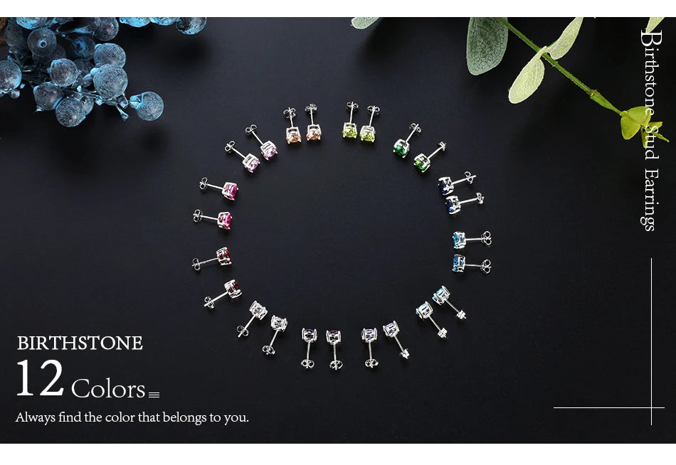 Effie Queen 925 boucles d'oreilles en argent Sterling pierre de naissance pour femmes AAA Zircon cubique 12 couleurs boucles d'oreilles mode fille bijoux SE84