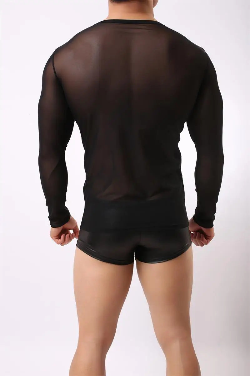 T-Shirts Sexy pour hommes t-shirt en maille maillot de corps Homme manches longues hommes T-Shirts hommes Transparent voir à travers les chemises
