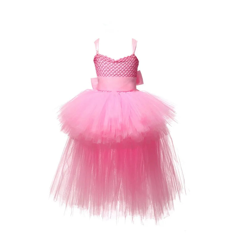 Girls Pink Black Tutu Dress V-Neck Train Girl Evening Birthday Party Tulle Dresses Girl Ball Gown Kids Halloween Costumes