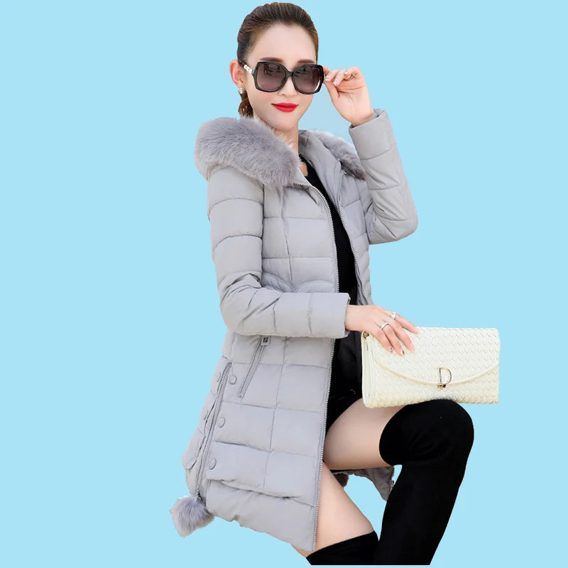 Veste d'hiver femmes 2023 manteau d'hiver couleur pure décontracté col de fourrure à capuche longue à capuche coton dame veste