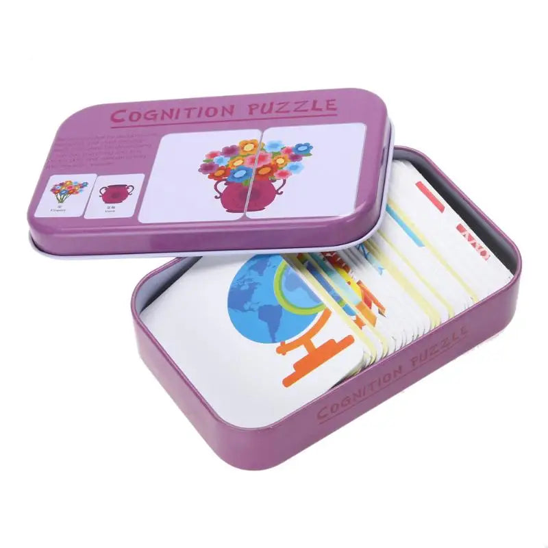 Bébé enfants Cognition Puzzles jouets enfant en bas âge boîte de fer cartes correspondant jeu cartes cognitives véhicule fruits animaux vie ensembles paire Puzzles