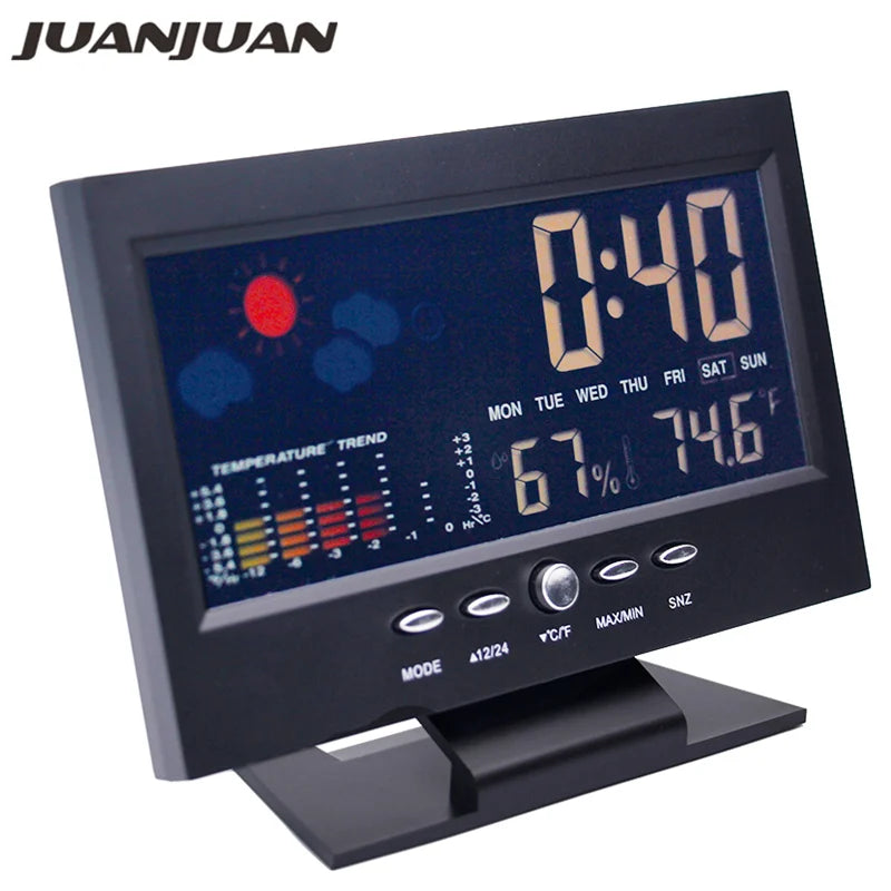 Thermomètre numérique LCD coloré pour horloge, alarme, calendrier, Station météo, fonction de commande vocale, hygromètre avec Base