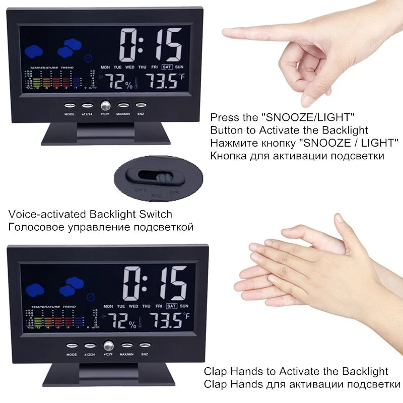 Thermomètre numérique LCD coloré pour horloge, alarme, calendrier, Station météo, fonction de commande vocale, hygromètre avec Base