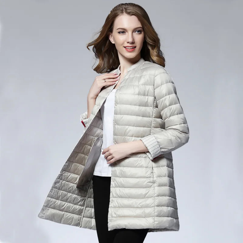 Femme printemps rembourré manteau chaud Ultra léger canard doudoune longue femme pardessus mince solide vestes hiver manteau Portable Parkas