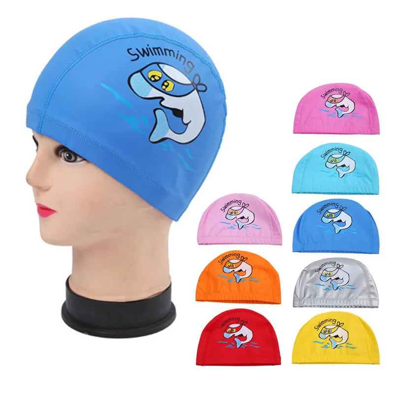 Bonnet de bain imperméable en tissu PU pour enfants, mignon, Animal de dessin animé, dauphin, protège les oreilles, cheveux longs, pour garçons et filles