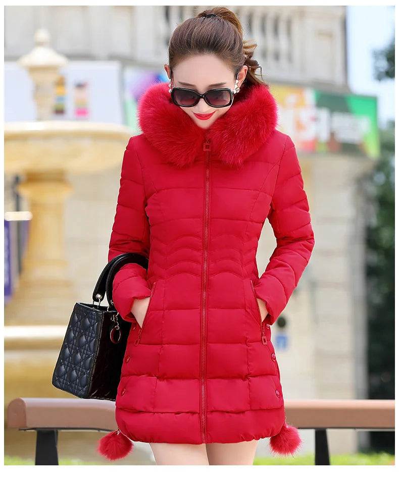 Veste d'hiver femmes 2023 manteau d'hiver couleur pure décontracté col de fourrure à capuche longue à capuche coton dame veste