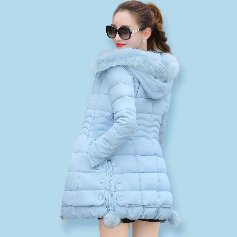Veste d'hiver femmes 2023 manteau d'hiver couleur pure décontracté col de fourrure à capuche longue à capuche coton dame veste