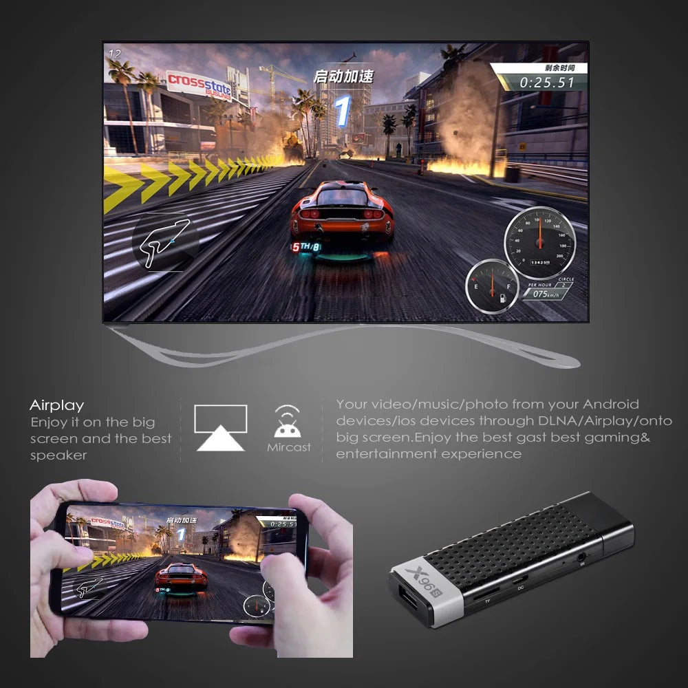 Clé TV X96S 4K, Android 9.0, Amlogic S905Y2 Quad Core, 4 go/32 go, Wifi 2.4/5GHz, bt 4.2, 1080P, H.265, Miracast, Dongle TV