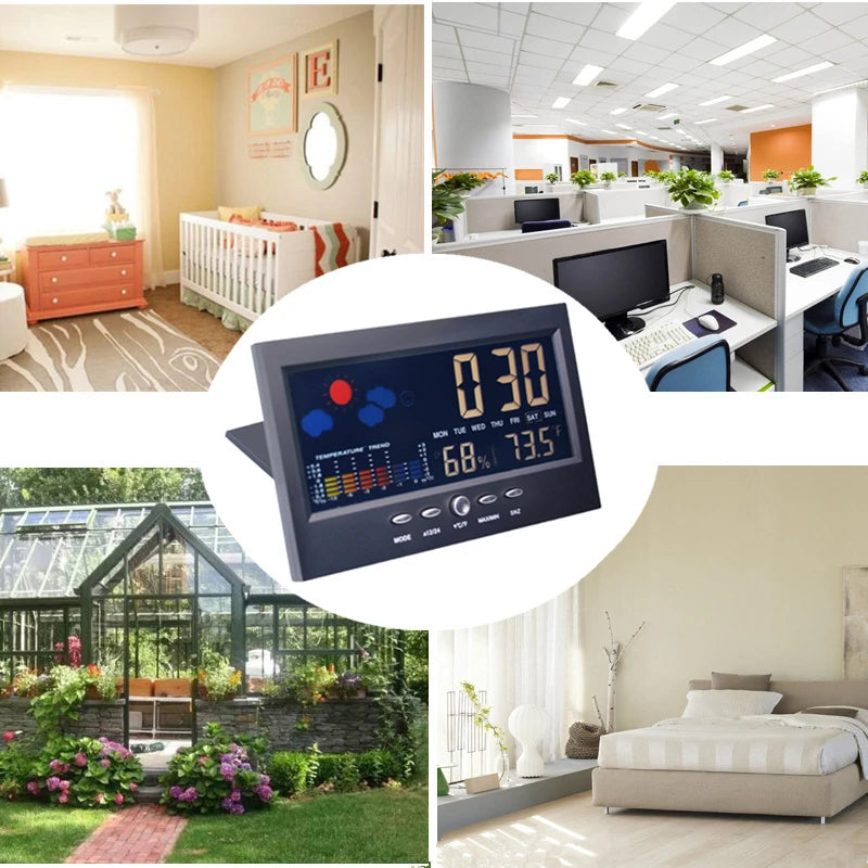 Thermomètre numérique LCD coloré pour horloge, alarme, calendrier, Station météo, fonction de commande vocale, hygromètre avec Base